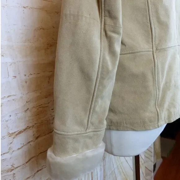 VTG Wilsons Suede Leather Bomber Aviator Flight Jacket Womens L Fur Lined Beige
